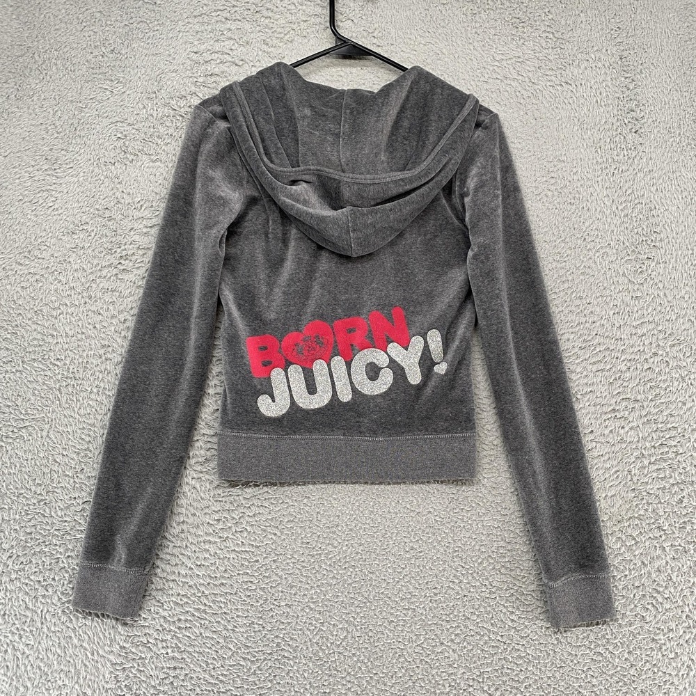Juicy Couture Y2K Hoodie Womens Small Gray Velour Born Juicy Full Zip Glitter